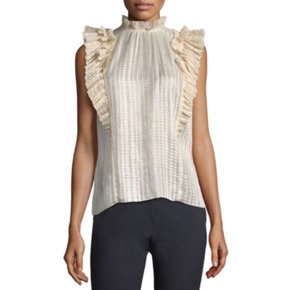 Rebecca Taylor Pale Pink & Silver Silk Sleeveless Ruffle Blouse Size 12 - Picture 1 of 7